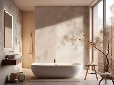 Bagno con vasca freestanding e carta da parati dai toni caldi